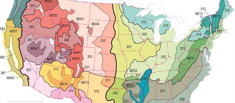 Color-coded ecoregions map of the United States with labeled regions and boundaries.