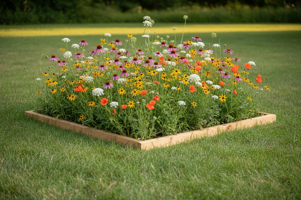 Small section of lawn converted to a blooming native wildflower bed.