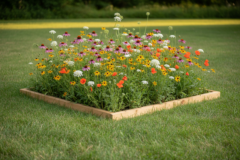 Small section of lawn converted to a blooming native wildflower bed.