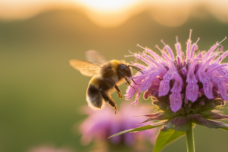 Native bumble bee visiting wild bergamot flowers in a summer pollinator garden.