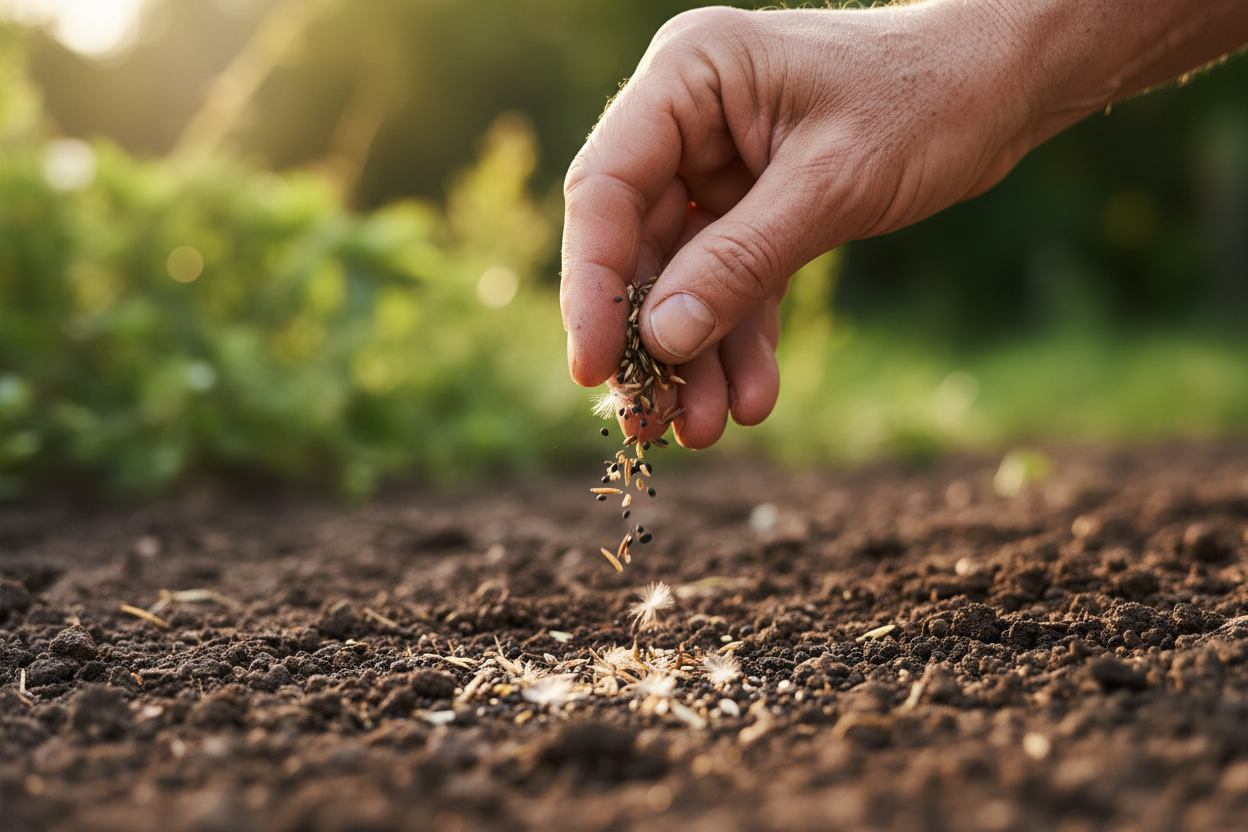 Hand holding native wildflower seeds above prepared garden soil