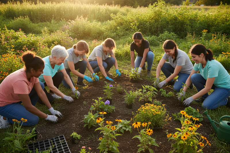 Community volunteers planting a native wildflower garden together.
