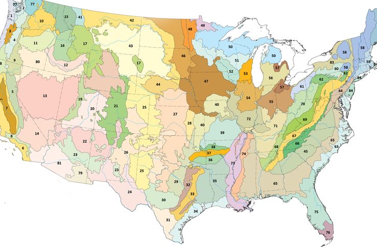 Colorful map of U.S. native plant ecosystems, showing ecological regions by number.