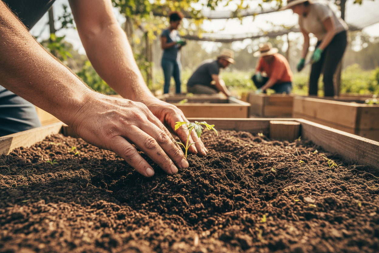 Volunteers planting native seeds at a community habitat project