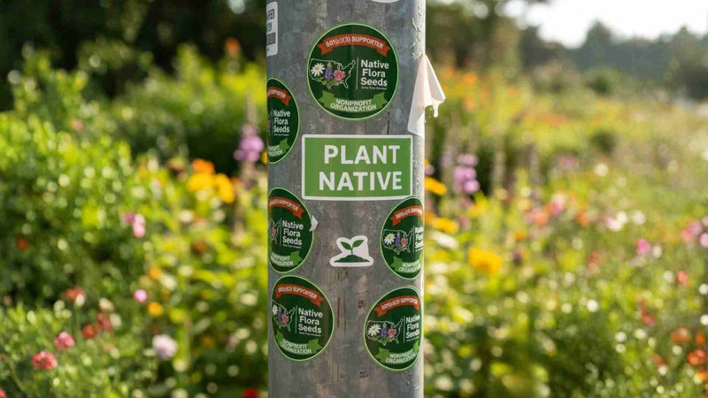 Pole with Plant Native and native seeds stickers in a colorful wildflower garden