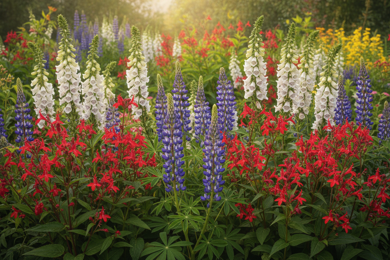 Red cardinal flower, white foxglove beardtongue, and blue wild lupine: patriotic native plants for July.