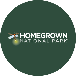 Homegrown National Park logo with a dragonfly on a green background
