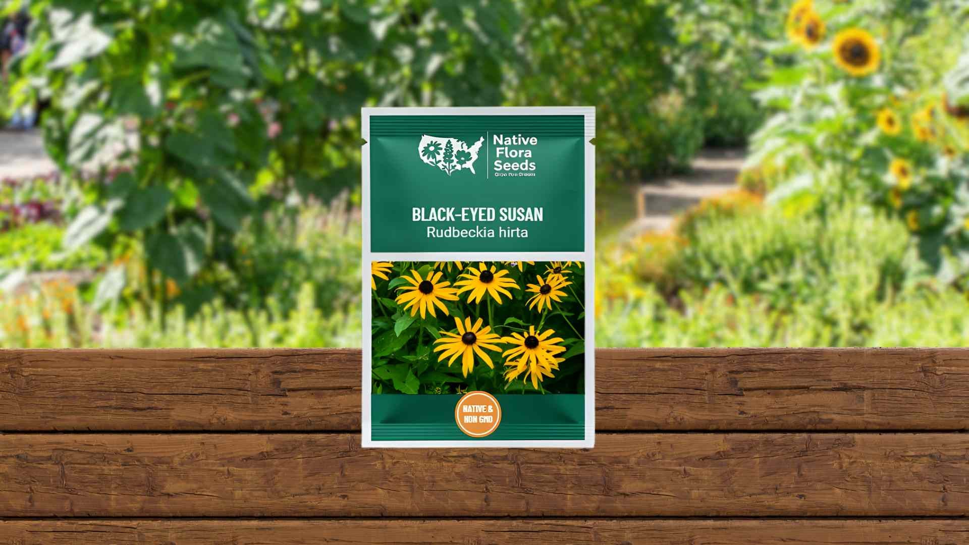Seed packet for Black-Eyed Susan with a garden background